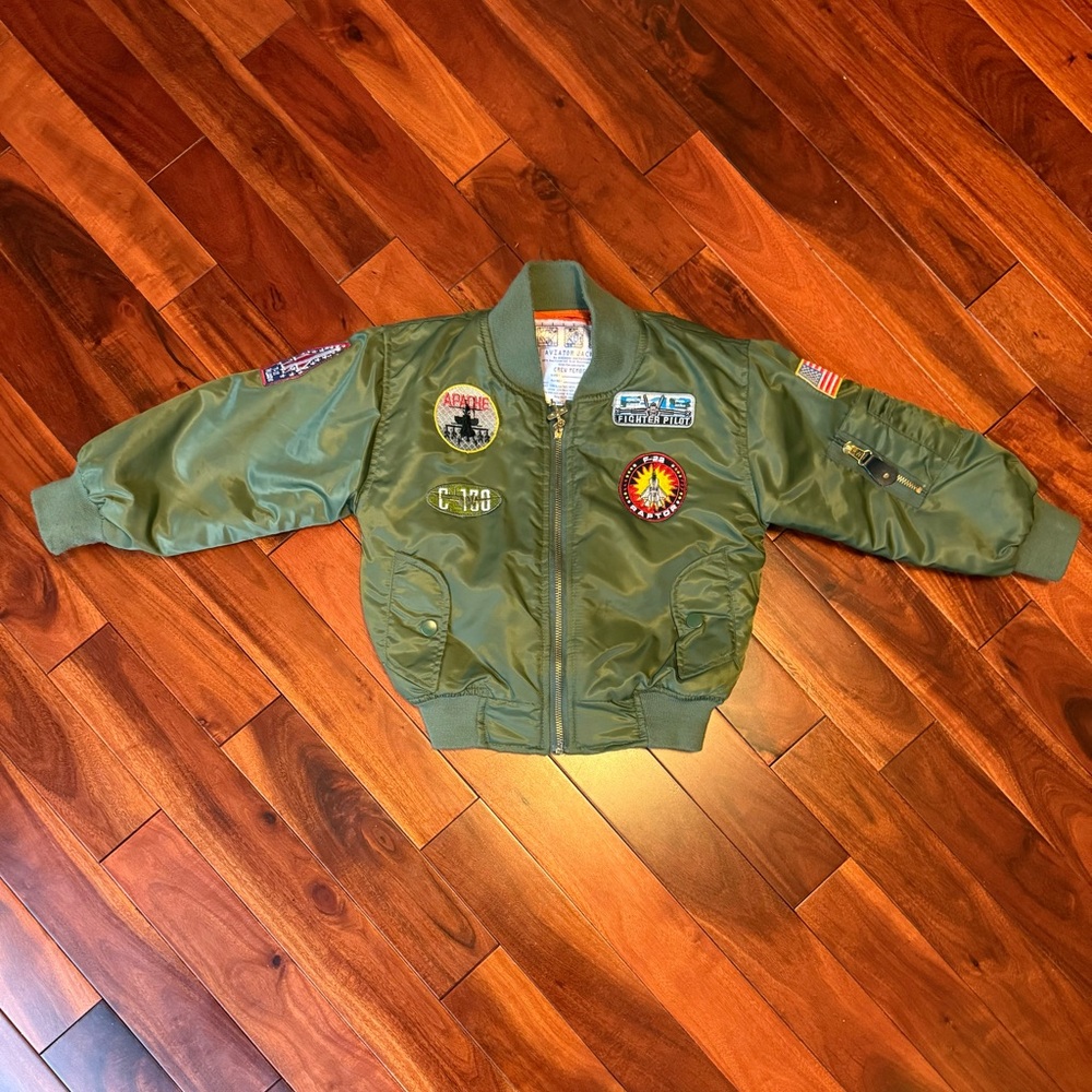 Kid’s Green Aviator Bomber Jacket with Patches Size 2-4